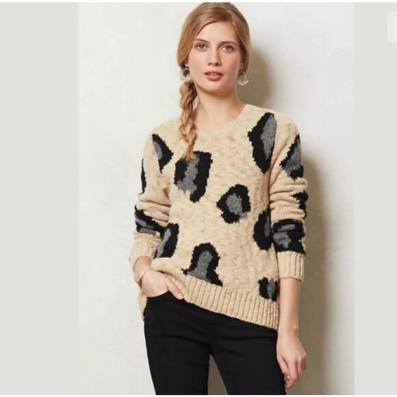 Anthropologie Sleeping on Snow Leopard Animal Print Wool Popover Cozy Sweater M - Picture 1 of 7